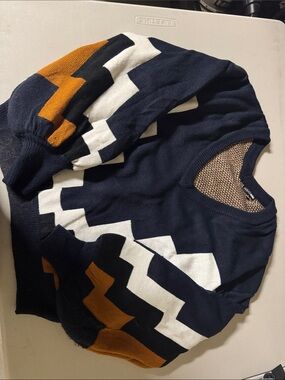 Fashion Nova Navy Crewneck Sweater with White and Mustard Zigzag